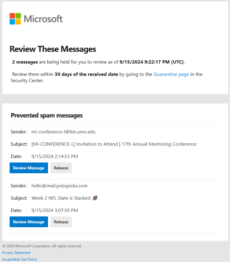 Microsoft pop-up showing prevented spam messages