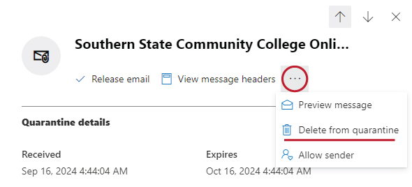 three dot icon selected with delete from quarantine underlined